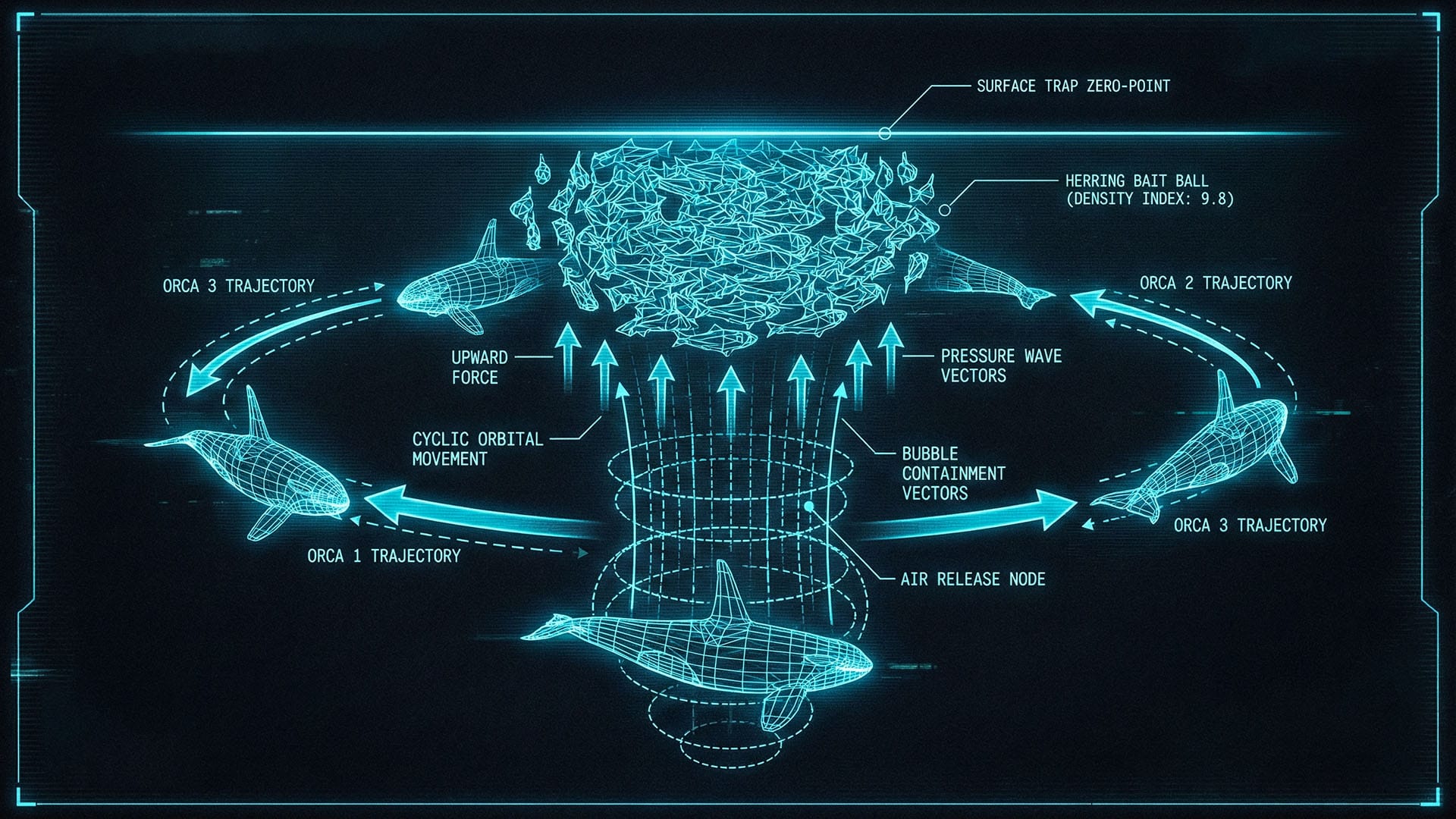 Infografica scientifica che illustra le fasi del carousel feeding delle orche a Skjervøy: isolamento del banco di aringhe, utilizzo delle bolle d'aria e colpo di coda per stordire le prede. Dettaglio della dinamica di caccia cooperativa nel fiordo.