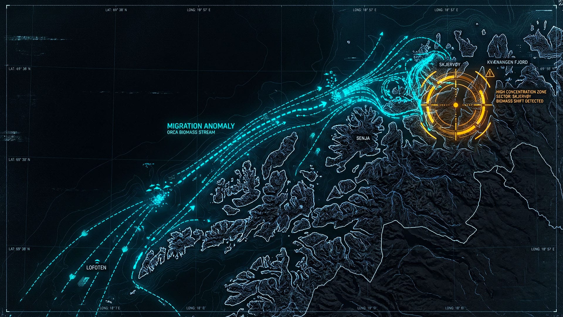 Mappa infografica della Norvegia settentrionale che confronta le rotte migratorie storiche delle aringhe verso le Lofoten con l'attuale rotta verso Skjervøy e il fiordo di Kvænangen. Evidenziati i punti di avvistamento orche e il cambiamento di habitat dovuto al riscaldamento oceanico.