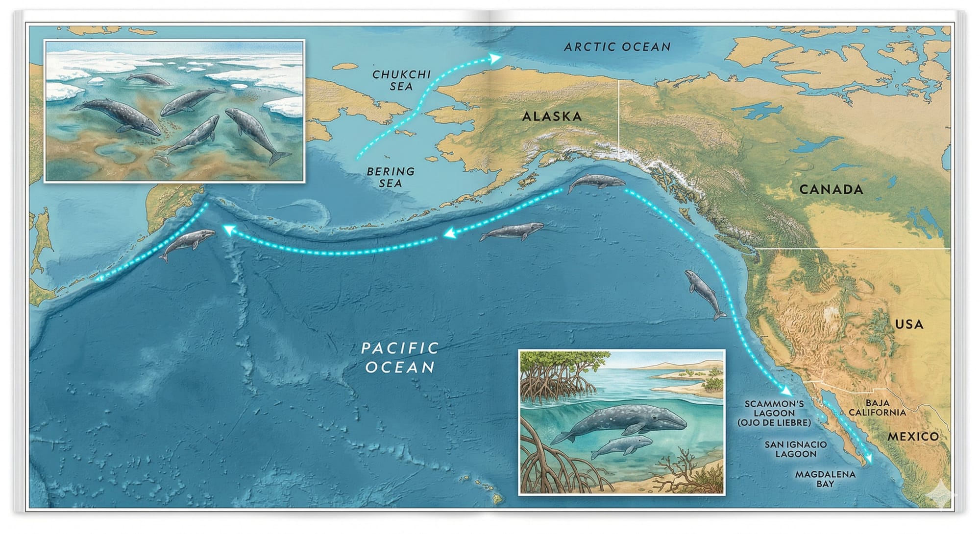 Mappa dettagliata dell'itinerario migratorio delle balene grigie lungo la costa del Pacifico Nord. Mostra le zone di alimentazione nell'Artico e le lagune di riproduzione in Baja California, Messico, con inset illustrativi delle balene.
